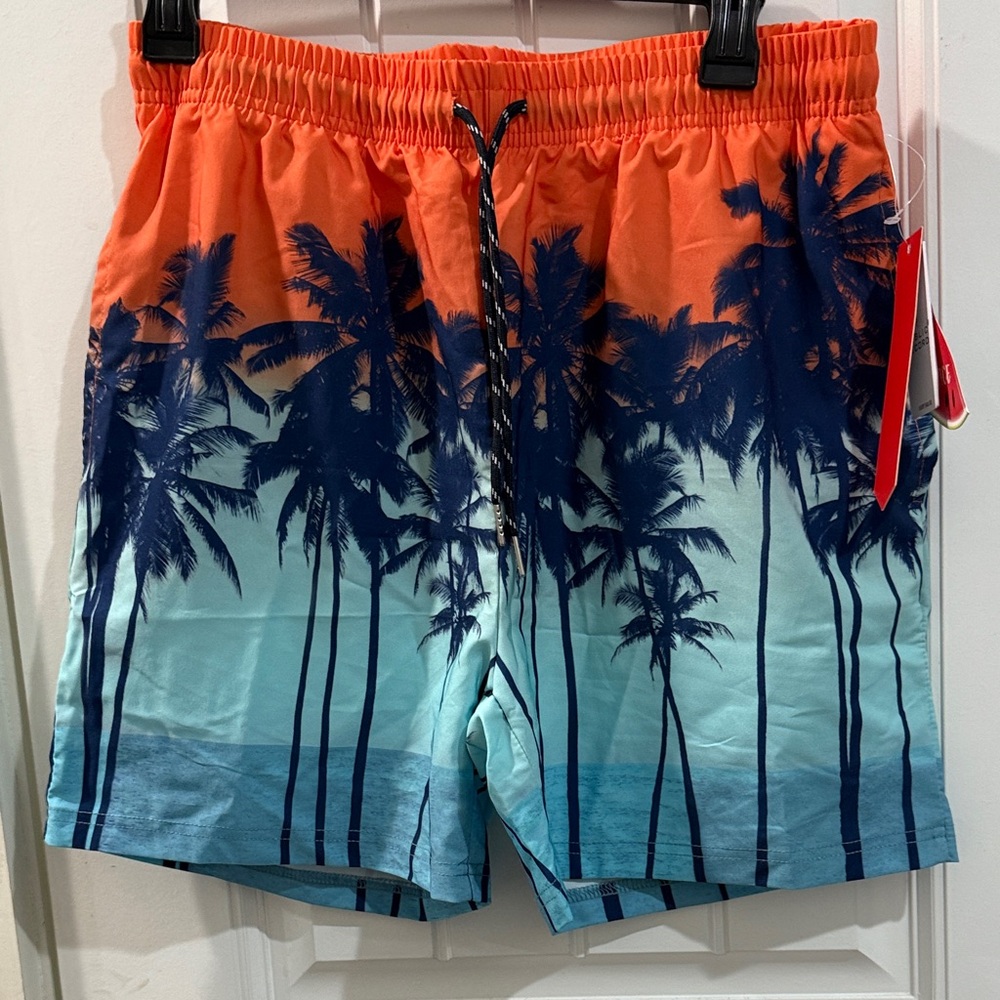 Sunset Palm Men's Swim Shorts - Orange and Blue